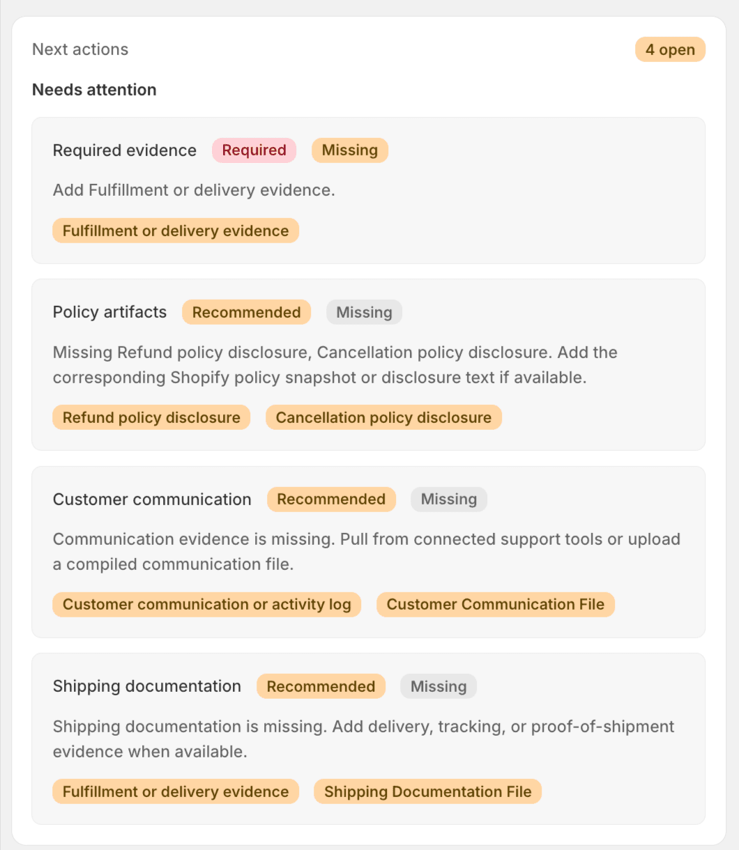 Next actions panel listing missing required and recommended dispute evidence items.