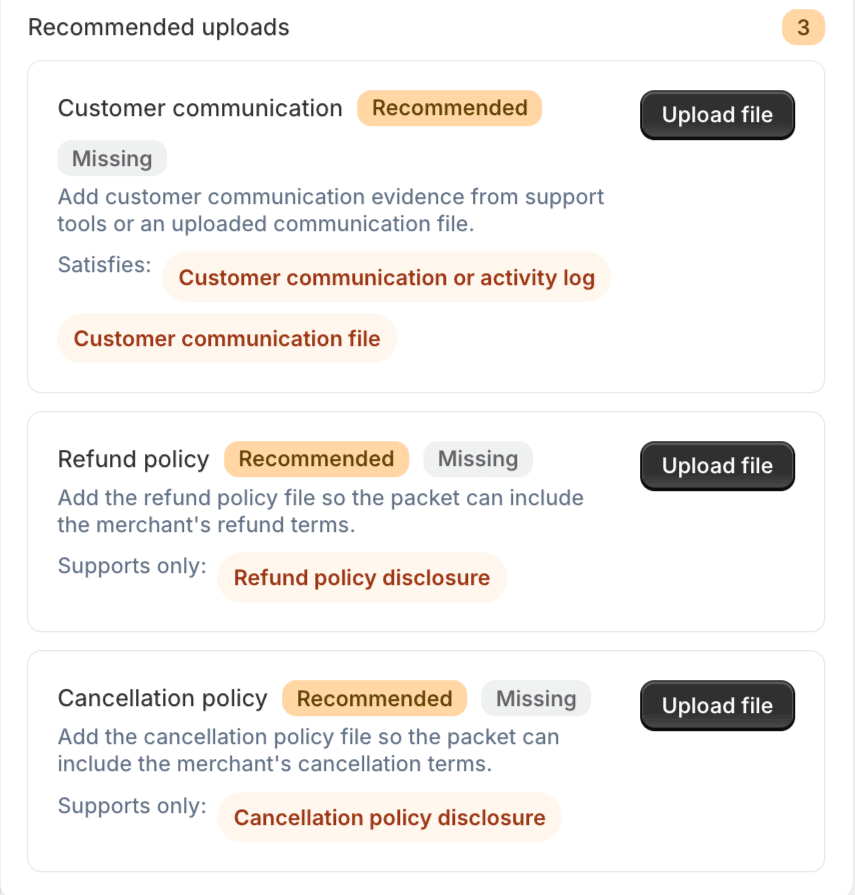 Recommended uploads panel showing missing customer communication, refund policy, and cancellation policy files.